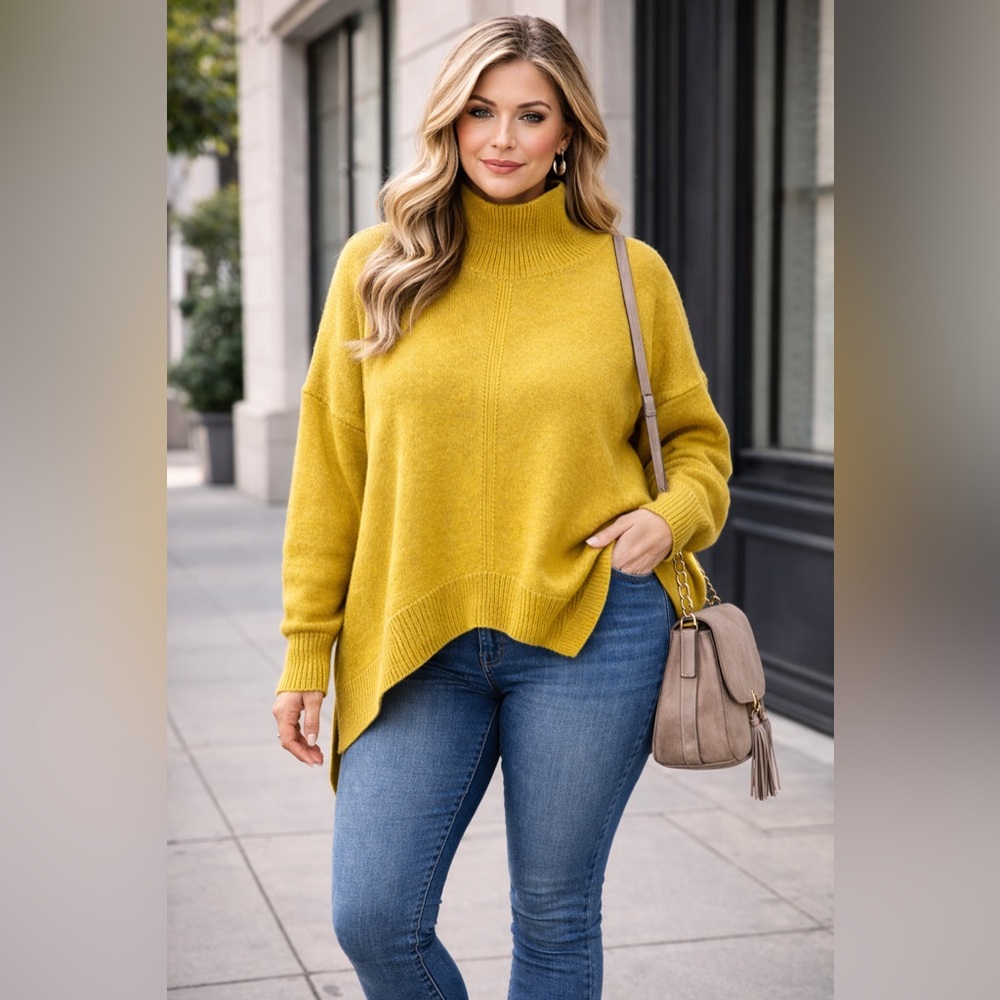 Maeve Anthropologie Mock Neck Oversized Sweater Asym Hem‎ Yellow XLP